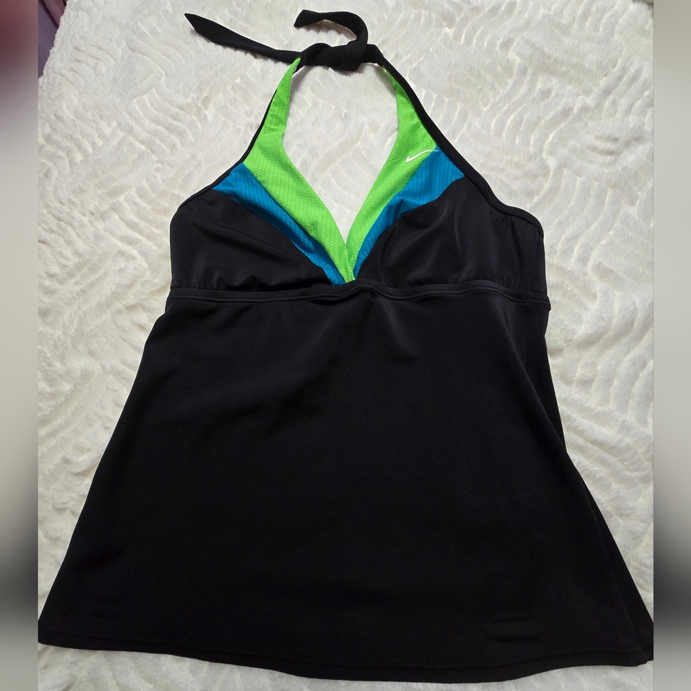 NIKE Swim Halter Top. Black w/ Blue & Green Accent. Size 6